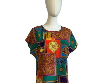 VTG 80s Multicolor Geometric L Short Sleeve Top Office Siren Maximalist Retro
