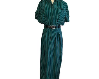 VTG 80s Scarlett Green Black Striped Rayon Midi Dress S Retro Boho Whimsigoth