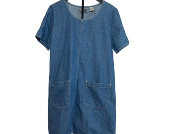 Vintage 90s Denim Polka Dot Shift Dress, Cotton Mini Pockets Retro Normcore
