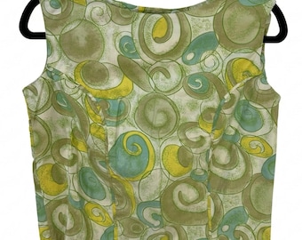 VTG 60s Wash N Wear Psychedelic Swirl Cotton Sleeveless Blouse Green Yellow S
