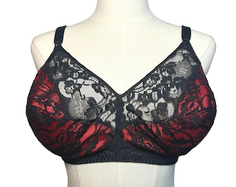 VTG 90s Bestform Black Red Lace Mesh Bullet Bra 38DD Retro Coquette Whimsigoth