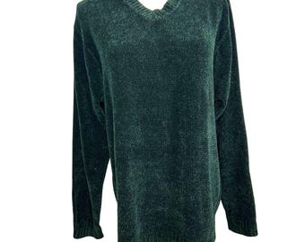 Sweter Chereskin z lat 90. w kolorze leśnej zieleni, z weluru w stylu vintage, z dekoltem w serek, w stylu grunge, rozmiar L