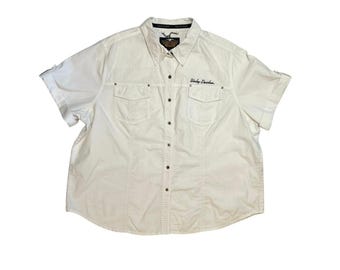 VTG 90s Harley Davidson 3XL White Button Down Shirt Short Sleeve Biker Grommet