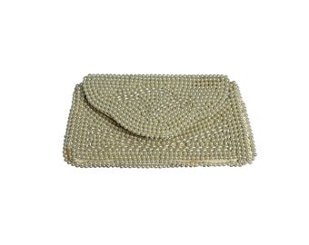 VTG 50s Pearl Beaded Clutch Japan White Evening Bag Glam Coquette Bridal Wedding