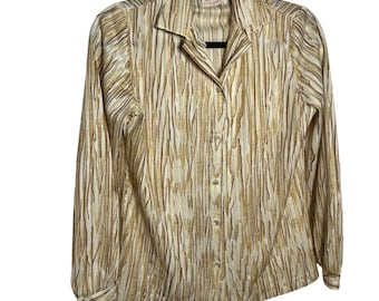 VTG Graff Californiawear Tan Wood Grain Blouse M 70s Faux Bois Novelty Print