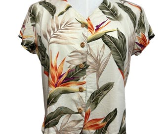 Bluzka z wiskozy Paradise Found Tropical z lat 90. | Bluzka z kwiatowym nadrukiem Bird of Paradise zapinana na guziki