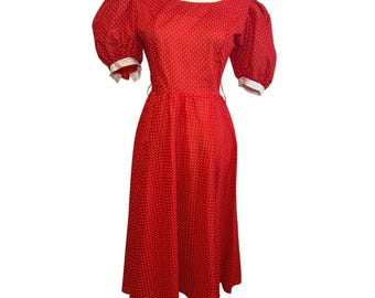 Sukienka midi w stylu vintage z lat 80. w groszki z bufiastymi rękawami | Czerwona i biała sukienka dzienna w stylu rockabilly pin-up | S.L. Fashions, rozmiar 9
