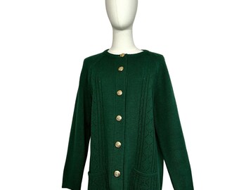 VTG 70s L Green Fair Isle Gold Button Cardigan Sweater Dark Academia Preppy Twee