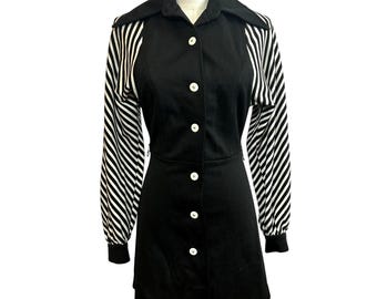 Sukienka mini w czarno-białe paski w stylu vintage z lat 70. | Rękawy biskupie w stylu retro mod op-art
