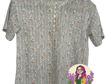 VTG Emerald Isle Szary, prążkowany top henley z kwiatowym wzorem, mały Grannycore z poduszkami na ramiona z lat 90.