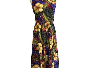 Sukienka z wiskozy w stylu vintage z lat 90. z motywem tropikalnych kwiatów i kieszeniami, rozmiar 13/14