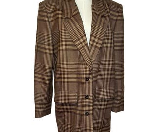 VTG 70er Jahre Liz Claidose Wolle Braun Karierter Blazer L Preppy Grunge Dark Academia