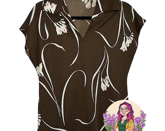 VTG 70s Mardi Modes New York Brązowy dzianinowy top z kwiatowym dekoltem w serek i krótkim rękawem, rozmiar M