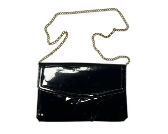 VTG 70s Patent Leather Black Gold Chain Convertible Clutch Shoulder Bag Purse