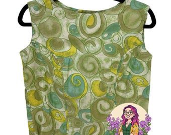 Bluzka bez rękawów z bawełny VTG 60s Wash N Wear Psychodeliczny Swirl w kolorze zielono-żółtym, rozmiar S