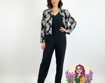 VTG 60s Silver Black Metallic Leaf Brocade Jumpsuit and Matching Cropped Jacket Set