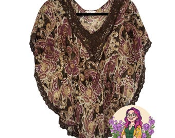 Bluzka VTG Candies Boho Paisley z koronką szydełkową w kolorze brązowym i fioletowym, w średnim kolorze Y2K Whimsygoth