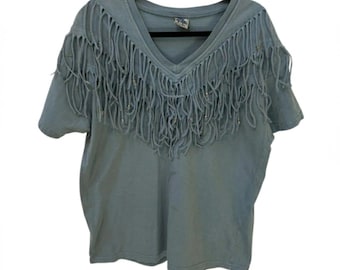 90s Whimsygoth Western Boho Fringe Beaded V-Neck Tee Blue One Size Vintage