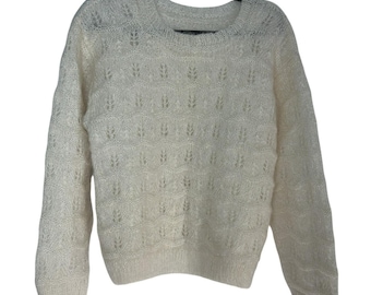 VTG 70s Cream Mohair Pointelle Puff Sleeve Sweater Cottagecore Coquette M