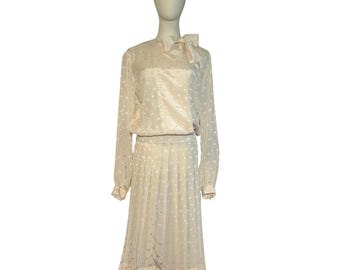 VTG 70s White Pussy Bow Pleated M Midi Dress Retro Twee Preppy Coquette Wedding