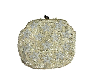 VTG 50s Cream Sequin White Floral Clutch Evening Bag Bridal Prom Retro Glam Twee
