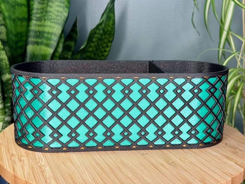 Desk Organizer - Black With Shiny Enamel Green and Bronze Accents