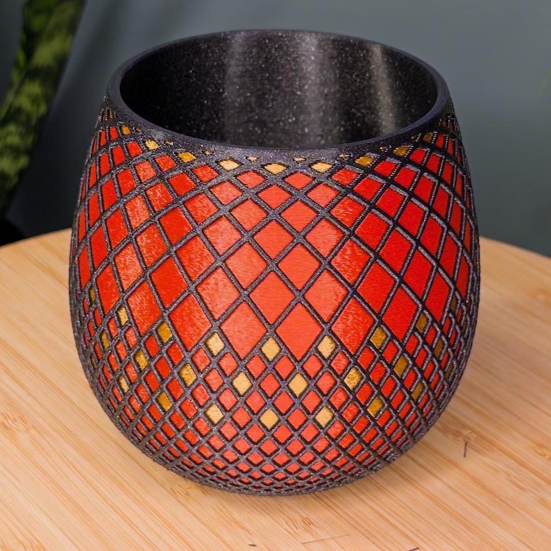 Indoor Planter: Enamel Red Lattice Planter With Bronze Accents