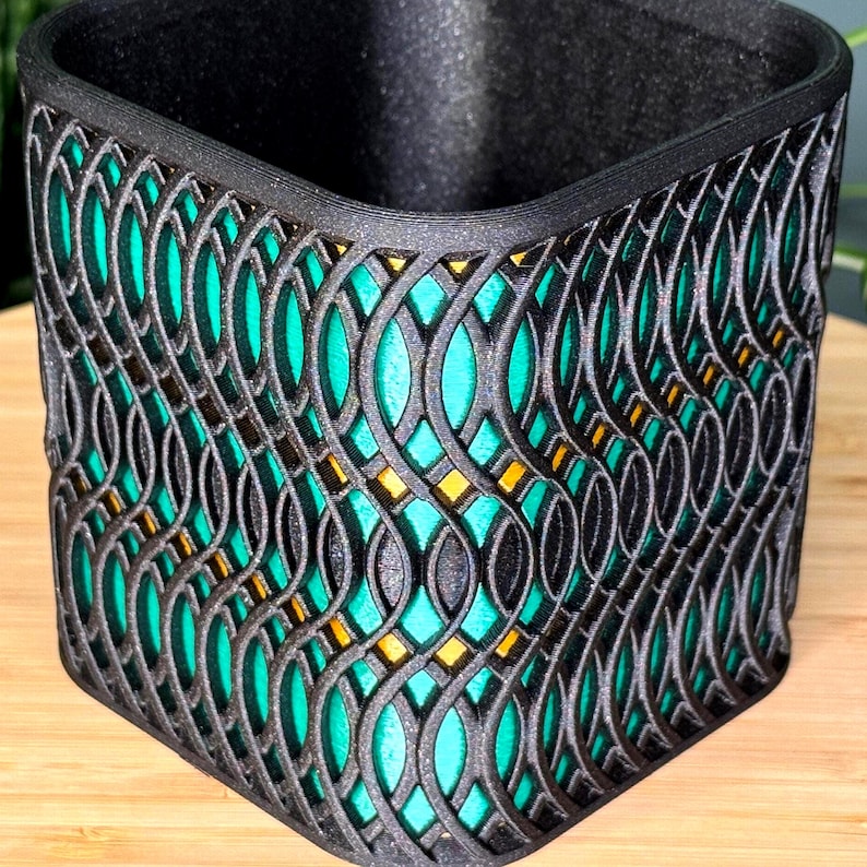 Indoor Planter – Black With Shiny Enamel Green and Bronze Accents - Modern Succulent Pot
