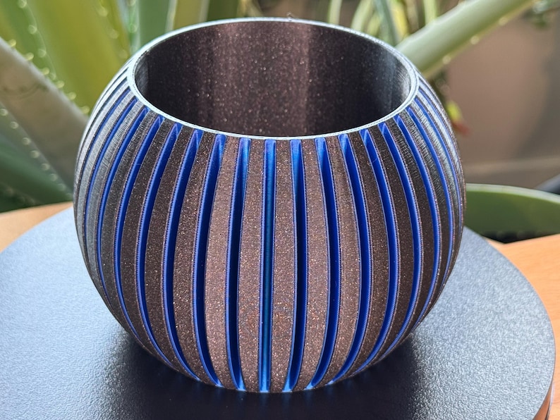 Succulent Pot – Vivid Blue | Galaxy Black With Vertical Grooves | Modern Indoor Planter With Drainage