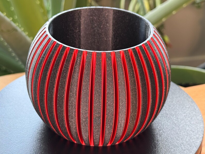 Succulent Pot - Vivid Red | Galaxy Black With Vertical Grooves | Modern Indoor Planter With Drainage
