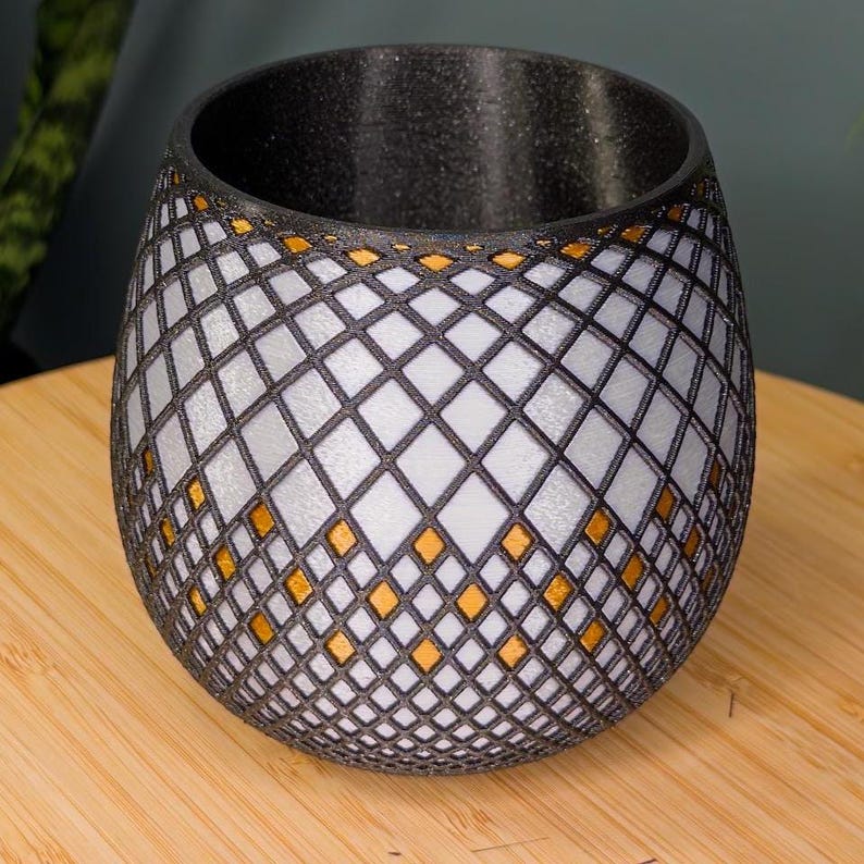 Indoor Planter: Enamel Silver Lattice With Bronze Accents