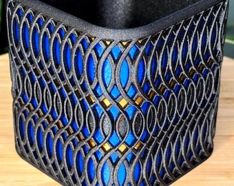 Maceta de interior negra con detalles en azul esmaltado brillante y bronce - Maceta moderna para suculentas