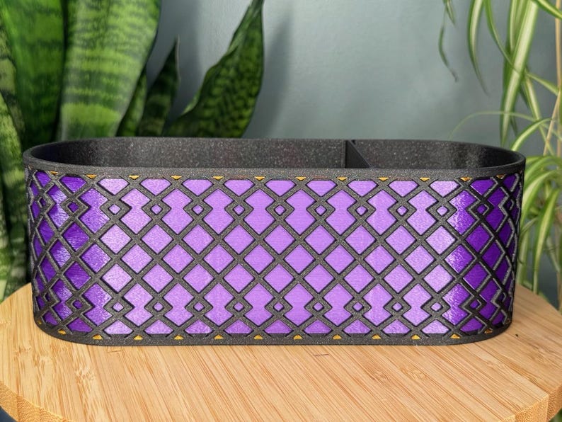 Desk Organizer - Black With Shiny Enamel Purple and Bronze Accents