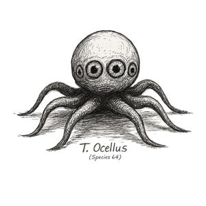 May include: A detailed black and white drawing of a creature with a large, spherical head and multiple eyes. It has eight tentacles. The text "T. Ocellus (Species 64)" is below. The illustration uses cross-hatching for shading.