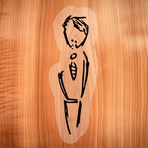May include: A black line drawing of a person with arms raised, set against a light wood grain background. The figure has a simple, abstract design, with a rounded head and a stylized torso. The wood grain has a natural, warm tone.