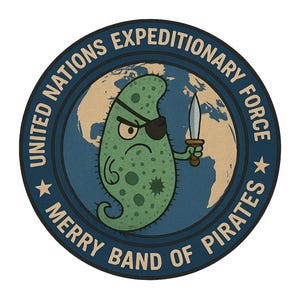 May include: A round, navy blue and tan patch with the text "UNITED NATIONS EXPEDITIONARY FORCE MERRY BAND OF PIRATES". The patch features a cartoon green germ character wearing an eye patch and holding a knife.