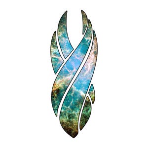 May include: A vertical, abstract design with a white background. The design is a stylized, elongated shape with a black outline. The interior is filled with a vibrant, colorful nebula pattern in shades of blue, green, and brown.