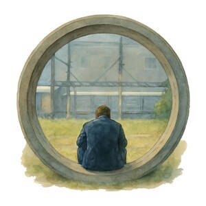 May include: Watercolor painting of a person in a blue jacket sitting inside a large, circular concrete structure. The person is facing away from the viewer, looking out at a building and grassy area. The artwork has a muted color palette.