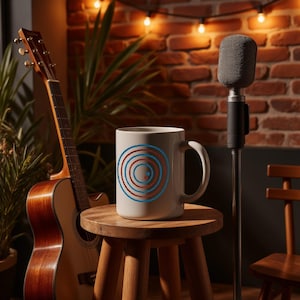 May include: A white ceramic mug featuring a graphic design of concentric circles in alternating shades of blue and reddish-brown. The mug has a standard handle and sits on a small wooden stool, positioned between an acoustic guitar and a microphone.