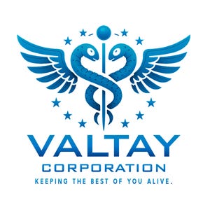 May include: A blue and white logo for Valtay Corporation. The logo features a caduceus symbol with two snakes, wings, and stars. The text "VALTAY CORPORATION" is below the symbol, with the tagline "KEEPING THE BEST OF YOU ALIVE."