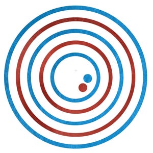 Puede incluir: Diseño gráfico con círculos concéntricos en tonos azules y rojos. El patrón se asemeja a un objetivo, con anillos de colores alternos. Dos círculos más pequeños están en el centro. El diseño es simple y se puede utilizar para diversos fines.