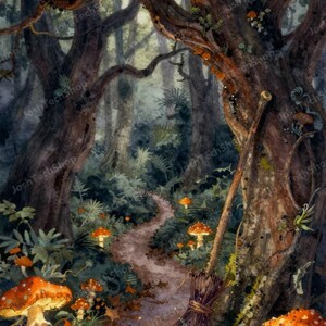 Cottagecore Forest Path Phone Wallpaper, Enchanted Mushroom Broomstick (Digital Download)