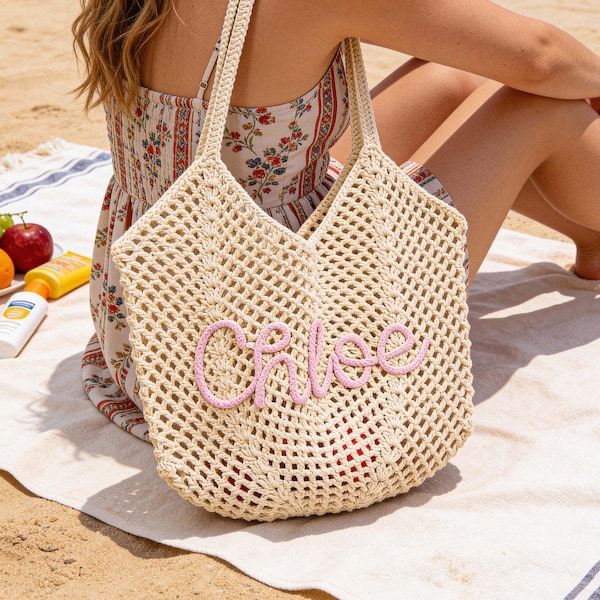 Personalized beach tote bags, Crochet beach bags, Bridesmaid gift bags, Travel Beach Bag, Wedding favor gift, Bachelorette Trip Gift for Her