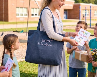 Personalized Embroidered Corduroy Tote,Large Capacity Name Tote Bag, Teacher Appreciation Gift,Bridesmaid Gifts