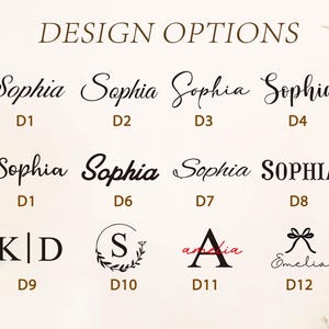 May include: A chart titled DESIGN OPTIONS displaying twelve black font styles labeled D1 through D12. The list includes various script and serif typefaces featuring the names Sophia, Amelia, Emelia, and initials K D and S, with decorative elements like a bow and leaves.