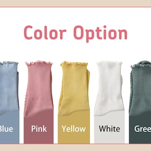 May include: An image displays five pairs of socks in various colors: blue, pink, yellow, white, and green. Each pair has a ruffled top and is presented against a color-coordinated background with the color name below. The text "Color Option" is at the top.