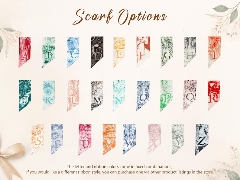 May include: A collection of twenty-six rectangular fabric swatches labeled Scarf Options, each featuring a unique letter from A to Z in a specific color and intricate pattern. The letters are arranged in a grid, showcasing various color combinations including red, green, blue, black, orange, and pink, with detailed illustrations printed on each individual swatch.