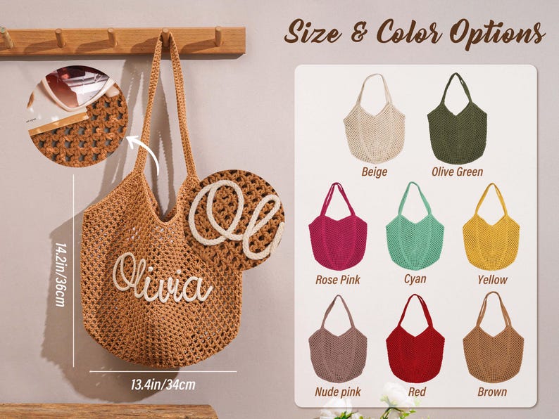 May include: A brown crochet tote bag with the name "Olivia" in white script. The bag is 14.2 inches tall and 13.4 inches wide. Color options include beige, olive green, rose pink, cyan, yellow, nude pink, red, and brown.