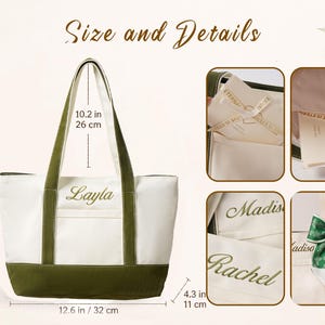 May include: A white and olive green canvas tote bag with the name Layla embroidered on the front. Dimensions are 12.6 inches wide, 11.4 inches high, 4.3 inches deep, with a 10.2 inch handle drop. Includes interior pockets and a green patterned ribbon.