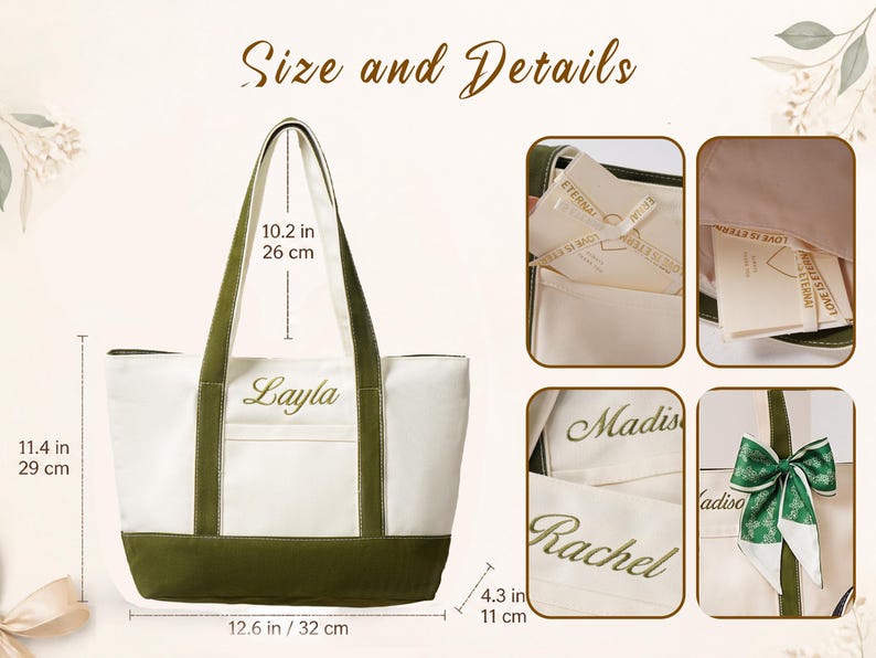 May include: A white and olive green canvas tote bag with the name Layla embroidered on the front. Dimensions are 12.6 inches wide, 11.4 inches high, 4.3 inches deep, with a 10.2 inch handle drop. Includes interior pockets and a green patterned ribbon.